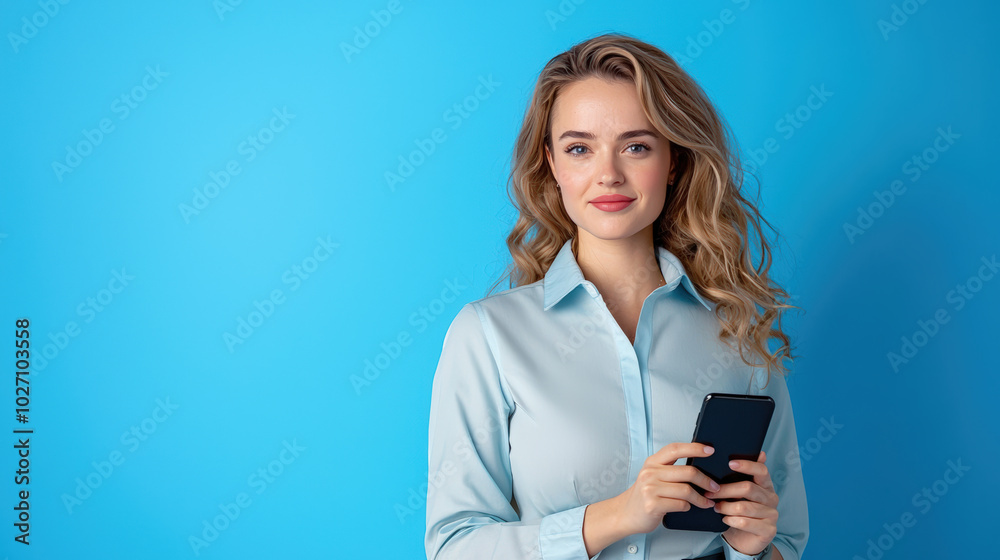 relaxed businesswoman holds smartphone against vibrant blue background, exuding confidence and professionalism. Her casual yet polished look is perfect for modern work environments relaxed businesswoman holds smartphone against vibrant blue background, exuding confidence and professionalism. Her casual yet polished look is perfect for modern work environments