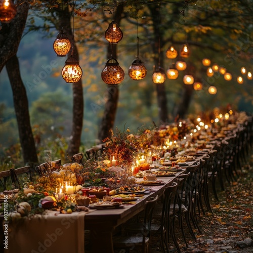 A long rustic table set for a dinner party in a forest with twinkling lights and candles. photo