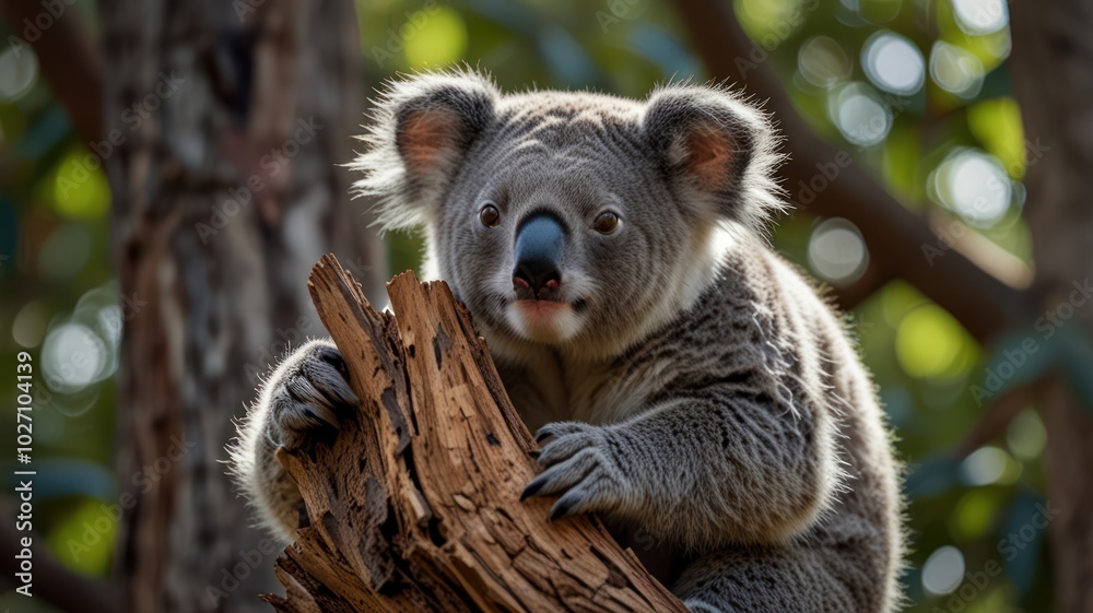 Obraz premium a cuddly koala perched on a tree branch in a sunlit forest. Its soft, gray fur is bathed in warm light, and its large, round eyes gaze out at the world with a sense of curiosity.