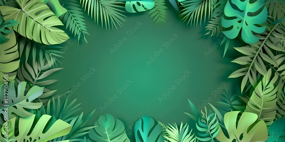 Lush Green Tropical Leaves with Foliage Plant on a Green Background with Copy Space Perfect for Natural Designs for Ads, Posters, Packaging, Websites, Social Media, Invitations Lush Green Tropical Leaves with Foliage Plant on a Green Background with Copy Space Perfect for Natural Designs for Ads, Posters, Packaging, Websites, Social Media, Invitations
