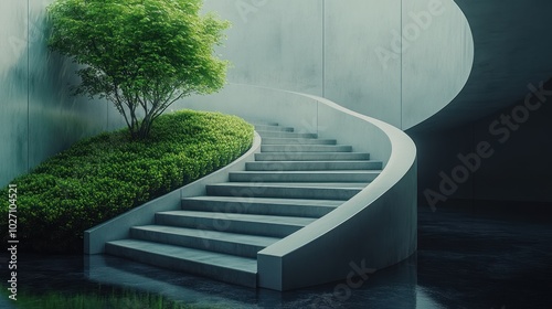 A modern, minimalist staircase with a small tree and greenery beside it. photo