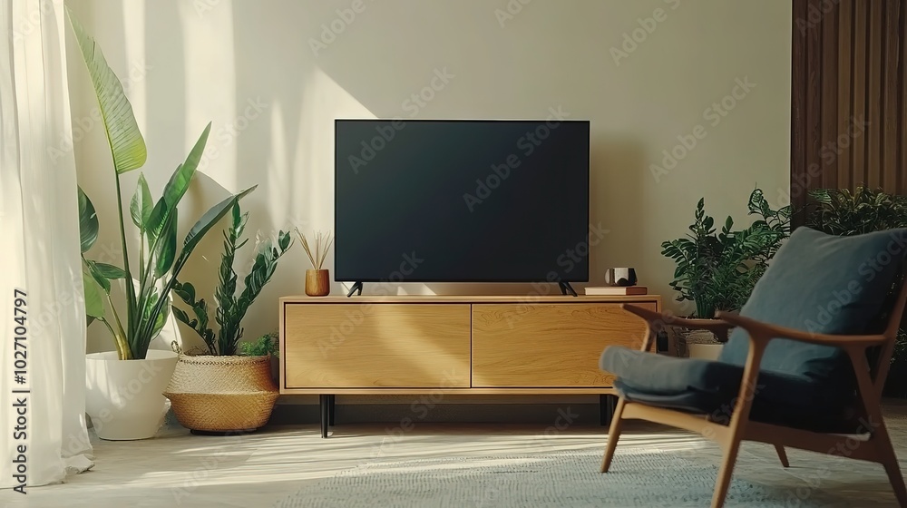 Living room interior with chair and TV set on drawer, Mockup screen, Generative Ai