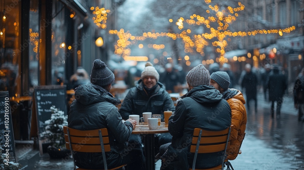 Group of people are sitting around a table in a cafe, enjoying their drinks and each other's company. group of friends is sitting at an outdoor in winter, drinking coffee from white porcelain cups. Group of people are sitting around a table in a cafe, enjoying their drinks and each other's company. group of friends is sitting at an outdoor in winter, drinking coffee from white porcelain cups.