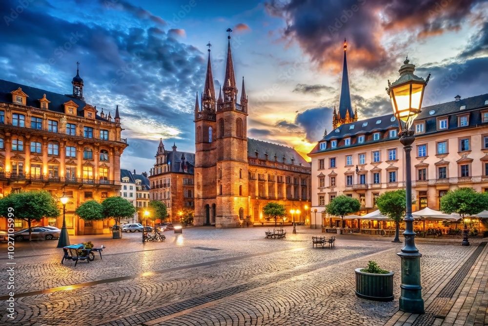 Naklejka premium Vintage Style Photography of New Town Hall and Market Church in Wiesbaden's Dernsches Gelaende Square