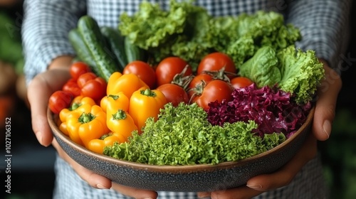 Scientist Holding Plate of Fresh Vegetables for Food Sensitivity Testing and Dietary Control Generative AI photo