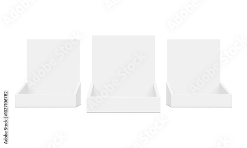 Empty Counter Display Boxes Mockups, Front View, Isolated On White Background. Vector Illustration