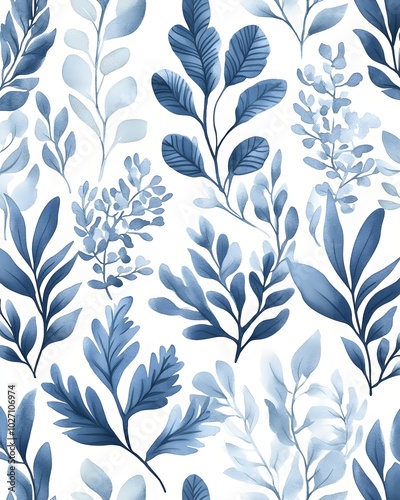 Wallpaper Mural Blue Watercolor Leaves Seamless Pattern Torontodigital.ca