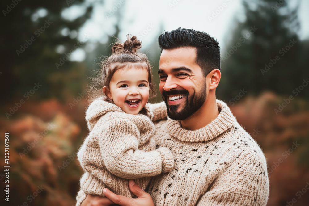 Obraz premium A joyful father and his daughter share a warm smile outdoors, both dressed in matching knit sweaters during autumn