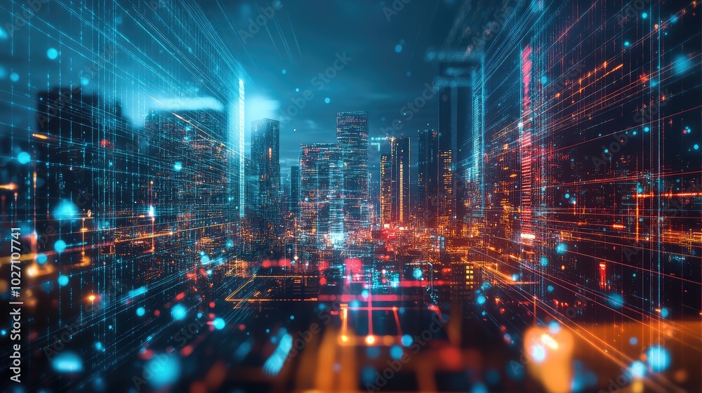 A futuristic city skyline blending into a virtual world, with digital structures merging seamlessly into real-world skyscrapers. A futuristic city skyline blending into a virtual world, with digital structures merging seamlessly into real-world skyscrapers.