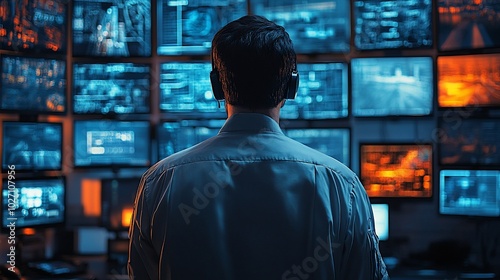 A person monitors multiple screens displaying data and graphics in a control room.