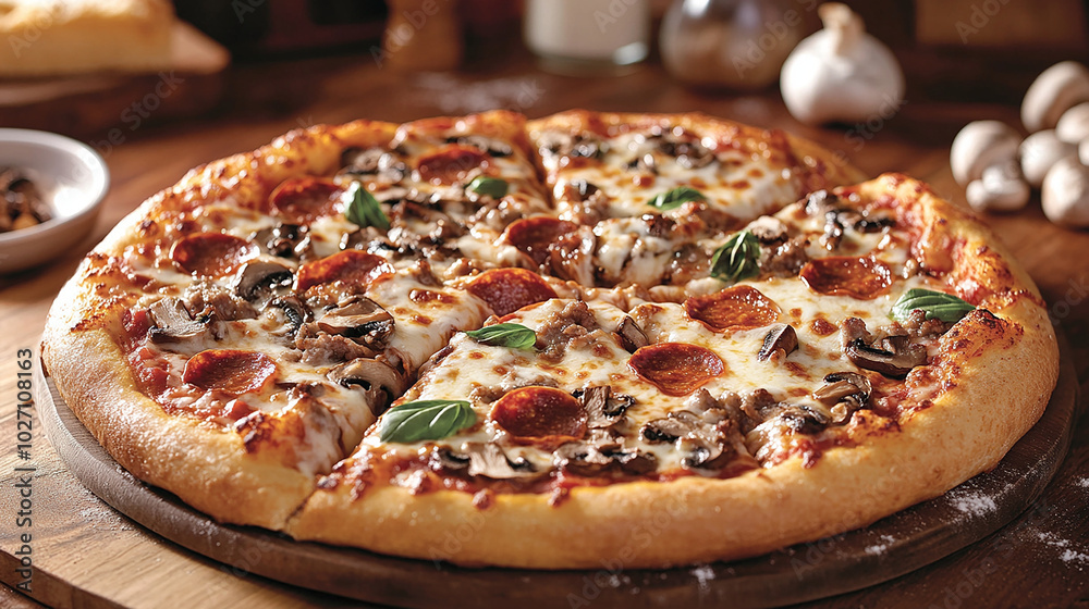 Perfectly baked pizza with gooey cheese and fresh basil Perfectly baked pizza with gooey cheese and fresh basil