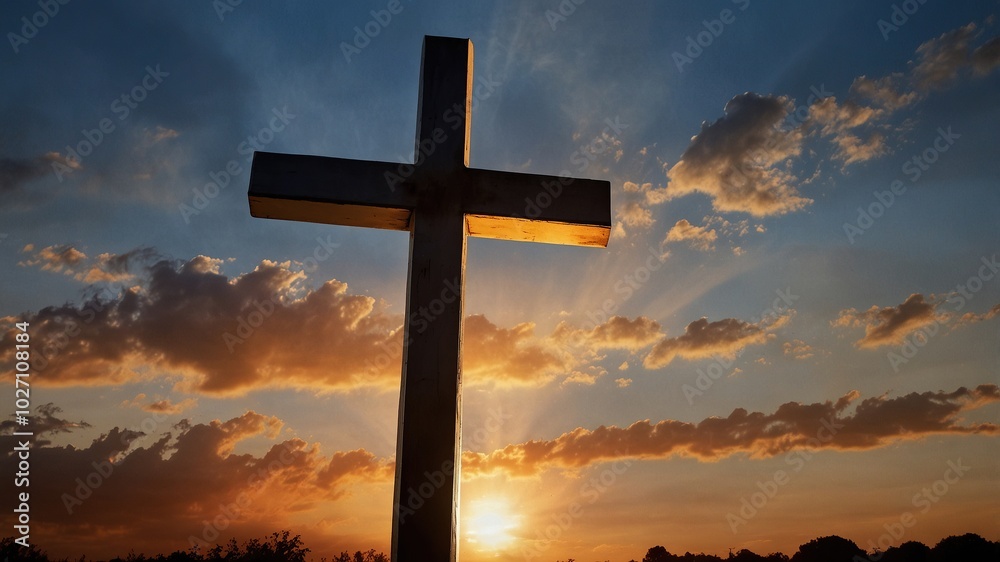 Cross against the sky . Dramatic nature background . Light from sky Cross against the sky . Dramatic nature background . Light from sky