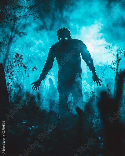 Eerie silhouette of a mysterious figure with glowing eyes emerging from foggy dark forest at night, creating a suspenseful and spooky atmosphere.