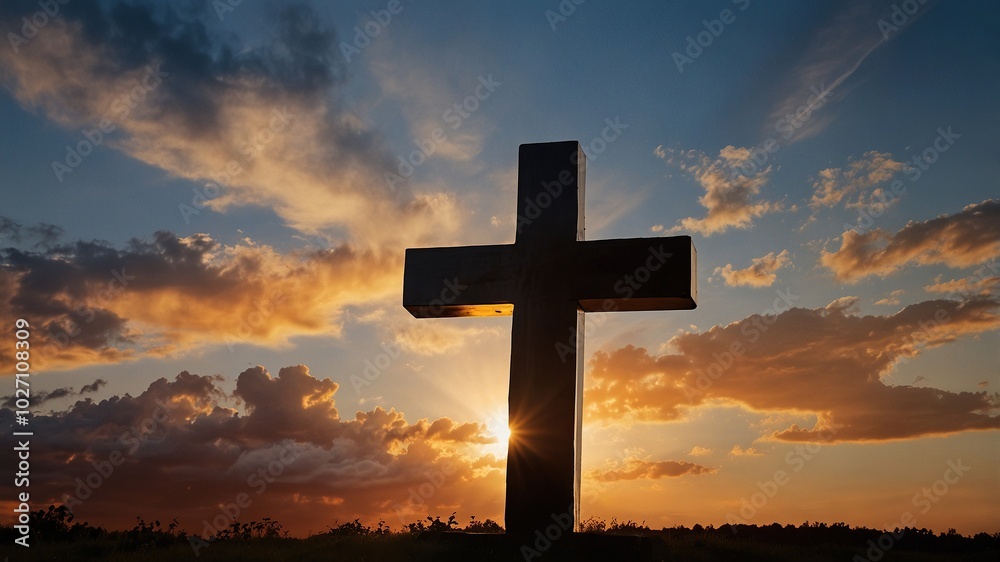 Cross against the sky . Dramatic nature background . Light from sky Cross against the sky . Dramatic nature background . Light from sky