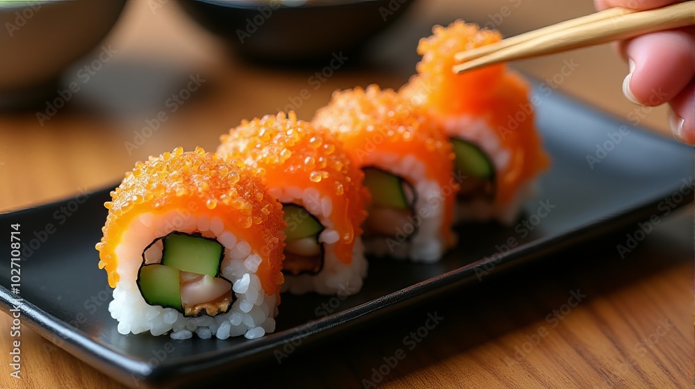Sushi Roll With Vibrant Orange Fish Roe Neatly Arranged on a Black Rectangular Plate Sushi Roll With Vibrant Orange Fish Roe Neatly Arranged on a Black Rectangular Plate