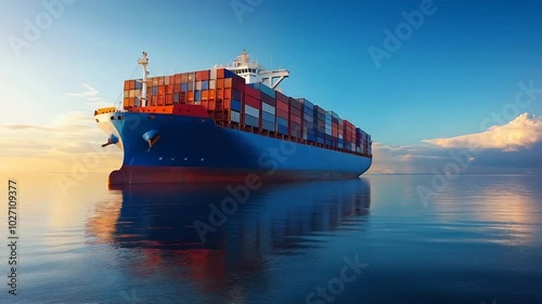 Large cargo ship sailing on calm ocean waters at sunset, vibrant reflection of colors