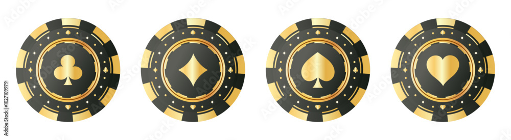 Golden casino poker chips with card symbols heart, spade, diamond, and club Golden casino poker chips with card symbols heart, spade, diamond, and club