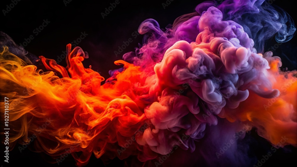 Vivid smoke artistry blends red, purple, and orange against a black background, creating stunning visual compositions that captivate the viewer's Vivid smoke artistry blends red, purple, and orange against a black background, creating stunning visual compositions that captivate the viewer's