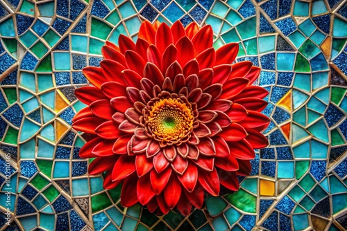 Vivid red flower contrasts beautifully against a mosaic tile background, enhanced with high dynamic range, creating a captivating and visually photo