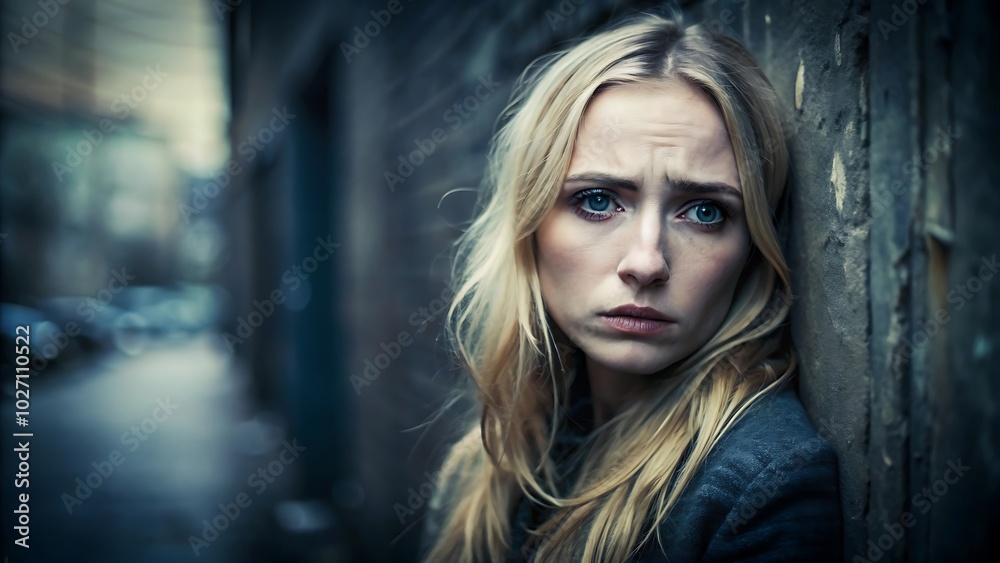 Pensive woman leaning against a wall in an urban setting Pensive woman leaning against a wall in an urban setting