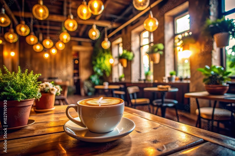 Fototapeta premium Warm Latte Coffee in a Cozy Cafe with High Dynamic Range Lighting