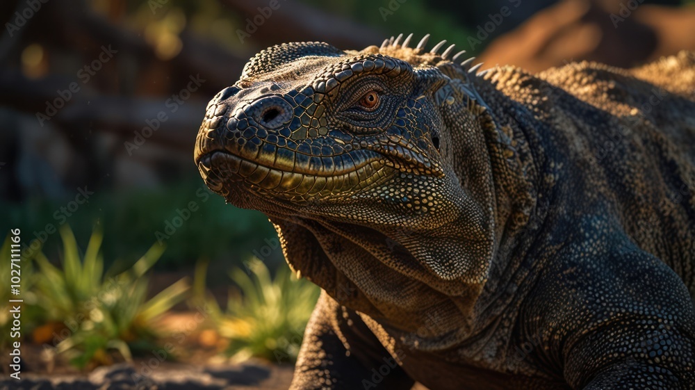 Obraz premium The fearsome Komodo dragon, with its powerful jaws and sharp teeth, is a mixture of brown and black scales that blend perfectly with its surroundings.