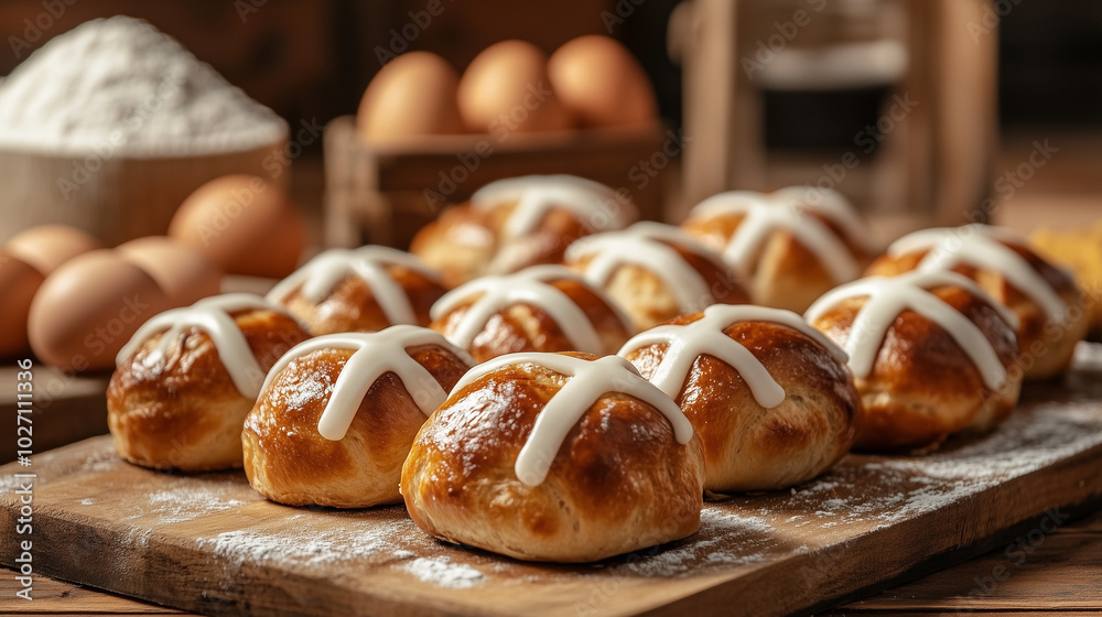 Freshly Baked Hot Cross Buns with Ingredients on Rustic Wooden Background
