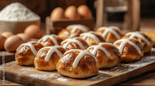 Freshly Baked Hot Cross Buns with Ingredients on Rustic Wooden Background