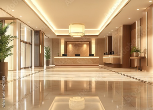 Elegant hotel lobby with modern design, warm lighting, and lush plants, creating a welcoming atmosphere for guests.