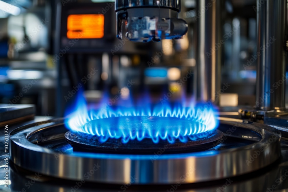 A close view of blue flames on a gas stove. The vibrant colors create a modern kitchen atmosphere. Ideal for cooking enthusiasts. Generative AI