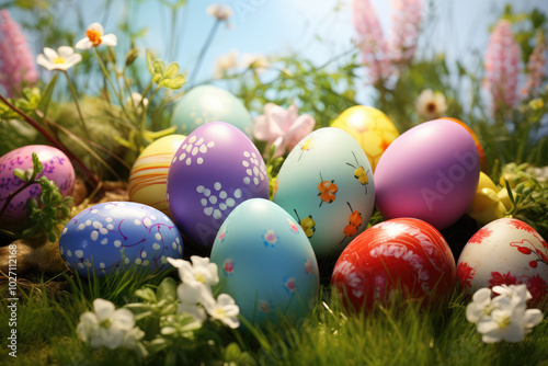 Colorful Easter Eggs Amidst Spring Blossoms