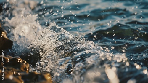 Water drop on the surface of the river, closeup of photo in the evening