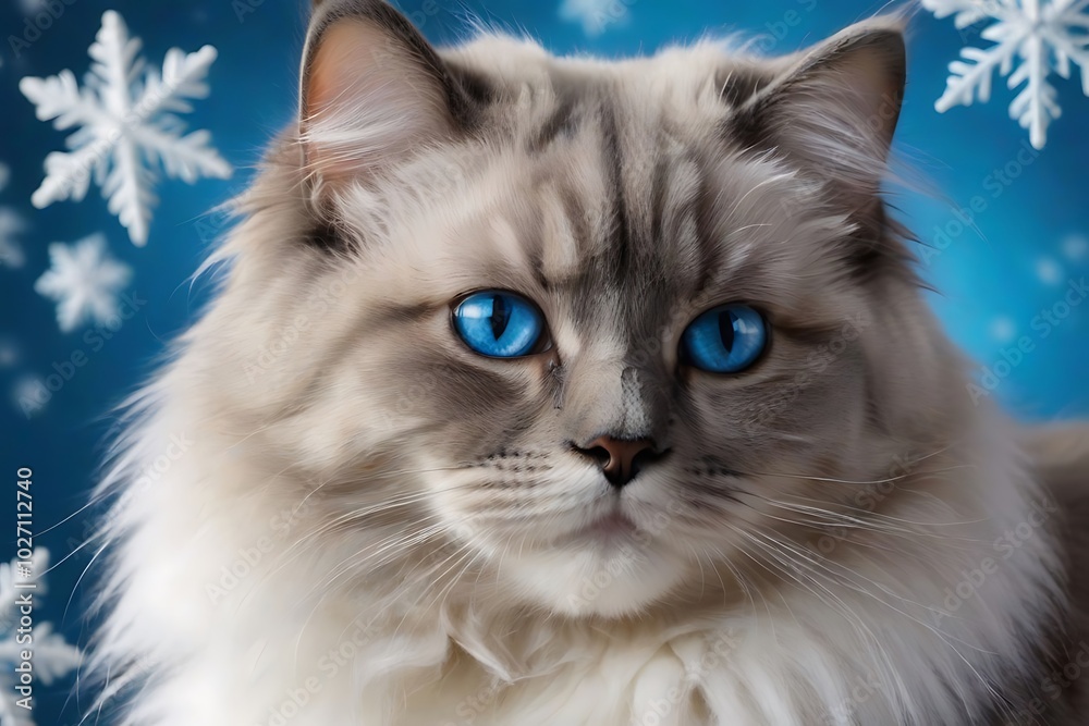 Majestic cat with striking blue eyes against a snowy backdrop Majestic cat with striking blue eyes against a snowy backdrop