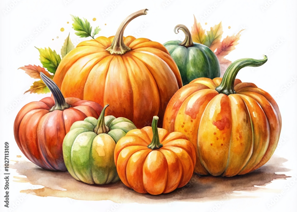 Fototapeta premium Watercolor Pumpkins Vector Set - Isolated, Autumn Decor, Seasonal Elements, Fall Harvest, Halloween Theme