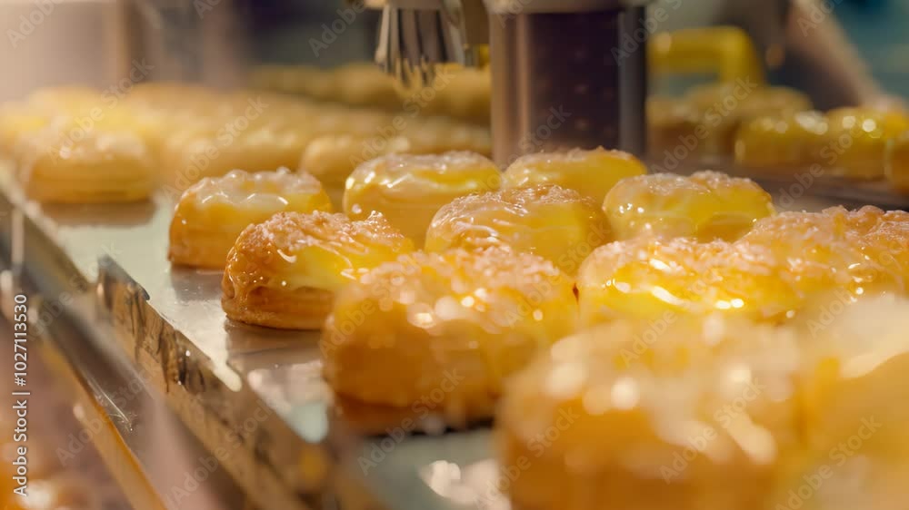 A close-up of a conveyor belt carrying freshly baked pastries, showcasing automated efficiency in a modern bakery setting, highlighting the automation and efficiency of a bakery