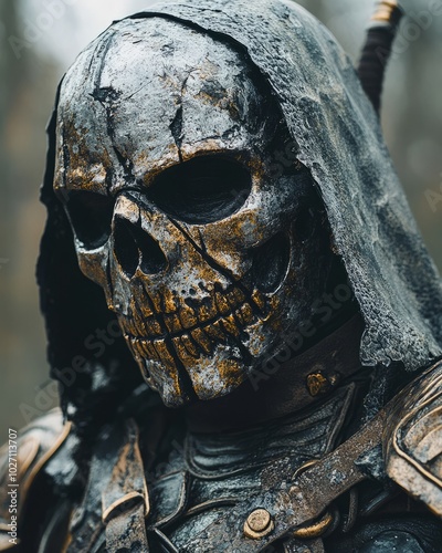 A man wearing a skull mask, hooded and with a sword, in a dark and mysterious forest. photo