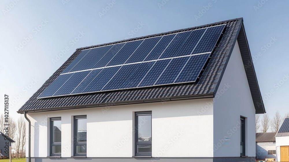 Modern house with solar panels on the roof, showcasing renewable energy solutions in a suburban setting. Modern house with solar panels on the roof, showcasing renewable energy solutions in a suburban setting.
