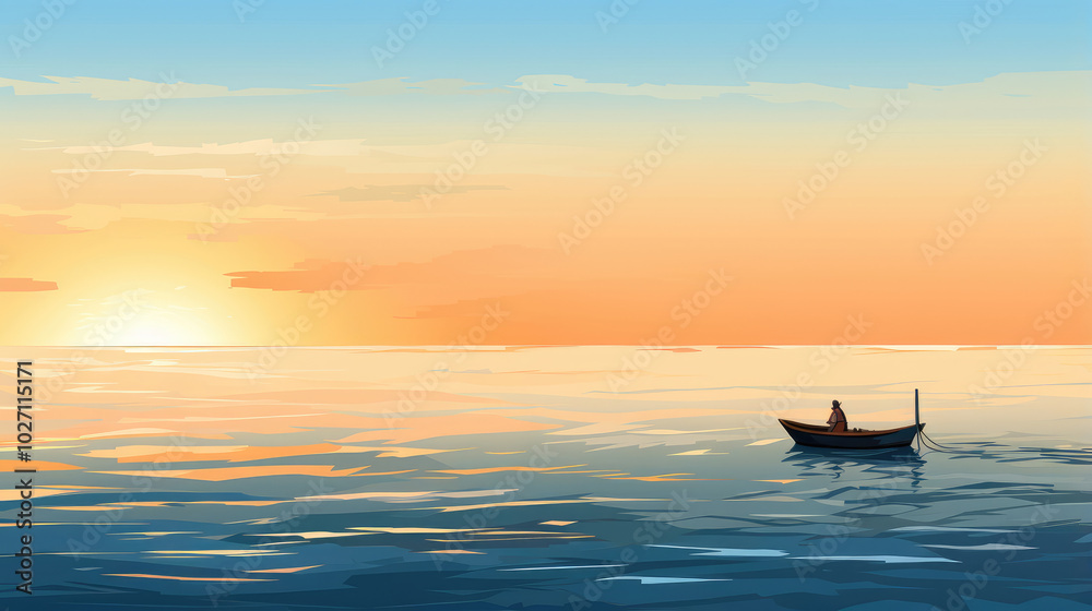 Serene Seascape at Sunset with Solitary Boat Serene Seascape at Sunset with Solitary Boat