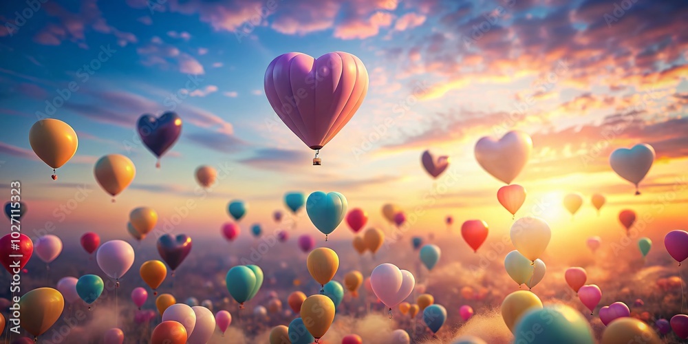 Fototapeta premium Whimsical Heart-Shaped Balloons in a Pastel Sky - Tilt-Shift Photography