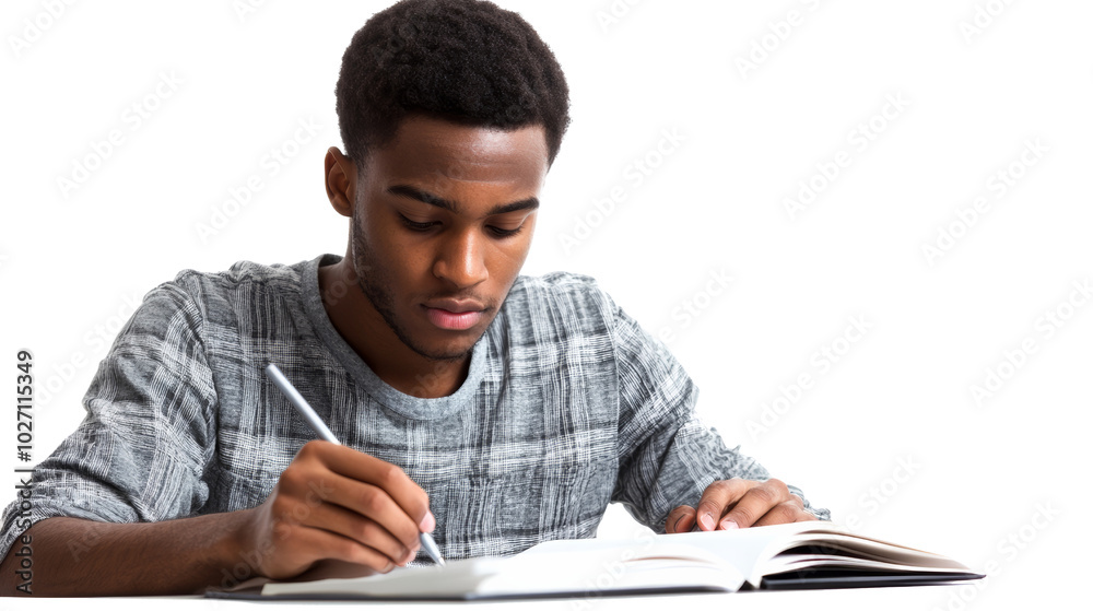Young man studying and taking notes in a notebook. Young man studying and taking notes in a notebook.