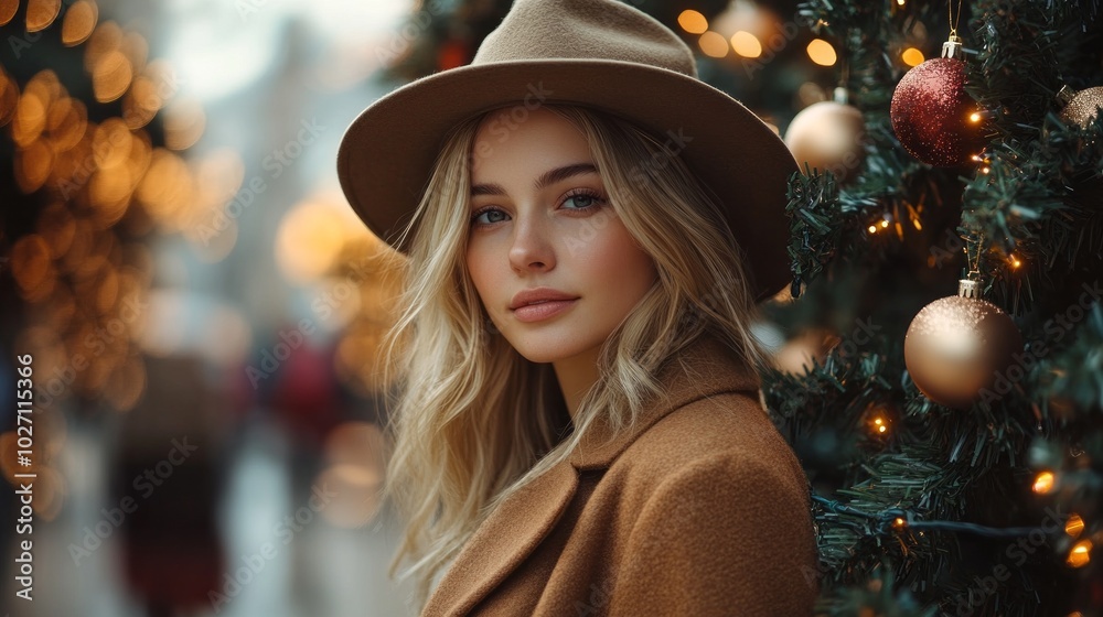 A woman wearing a brown hat and coat stands in front of a Christmas tree A woman wearing a brown hat and coat stands in front of a Christmas tree