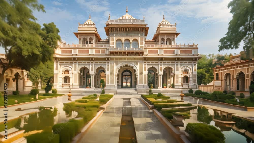 A symmetrical view of the City Palace in Jaipur, India, showcasing the ornate courtyard and grand entrance, Historic palaces with ornate courtyards and towering gates