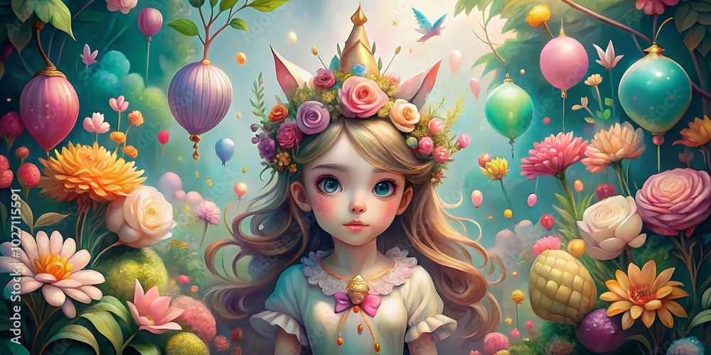 Fototapeta premium Whimsical unicorn girl princess adorned with flowers and balloons. Charming vintage hand-drawn illustrations evoke a sense of magic and joy in this