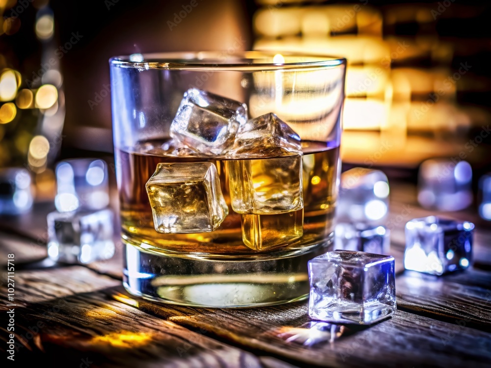Whiskey on the Rocks with Blurred Background - Panoramic Photography of a Classic Drink Scene Whiskey on the Rocks with Blurred Background - Panoramic Photography of a Classic Drink Scene