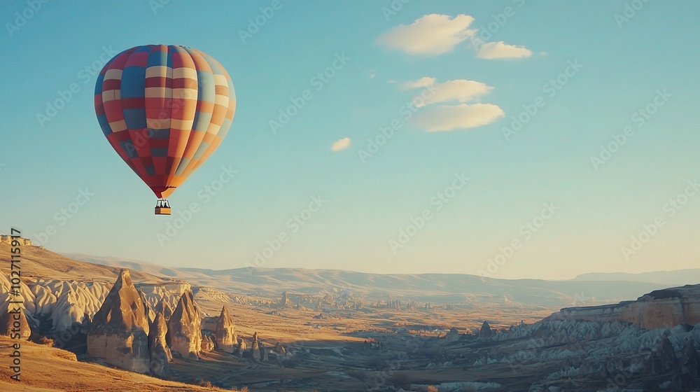 Fototapeta premium Colorful Hot Air Balloon Over Scenic Landscape