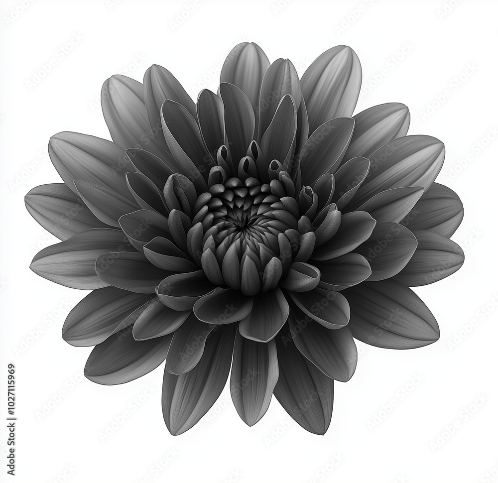 Bold slate grey chrysanthemum flower isolated on white background, featuring smooth dark petals with intricate details, presented in a clean and pristine format without any distractions Bold slate grey chrysanthemum flower isolated on white background, featuring smooth dark petals with intricate details, presented in a clean and pristine format without any distractions