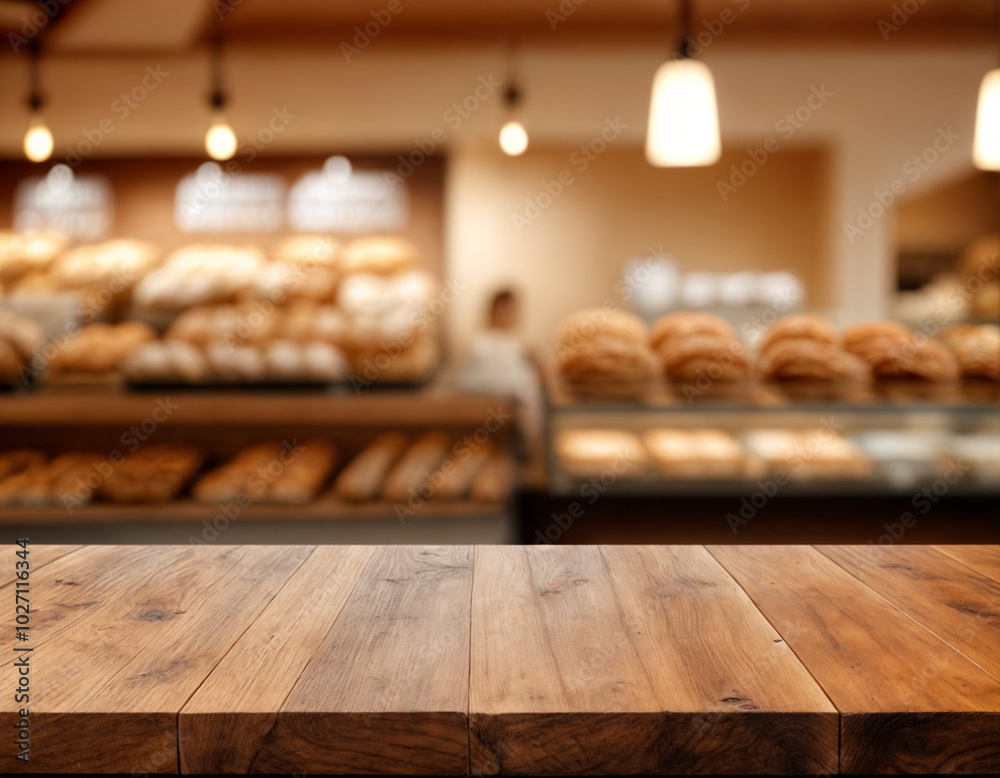 Empty wooden table top in focus, blurred bakery background. Blank desk for advertising product Empty wooden table top in focus, blurred bakery background. Blank desk for advertising product