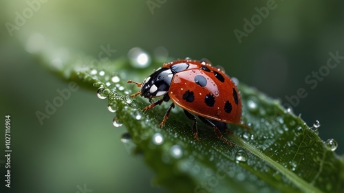 a vibrant ladybug perched on a dew-kissed leaf, its red shell glistening in the morning sunlight. Tiny droplets of water cling to its delicate legs and antennae, creating a sparkling effect.