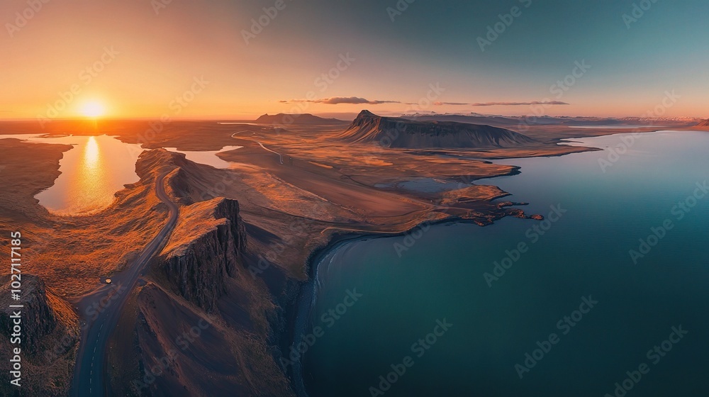 Fototapeta premium Breathtaking Sunset Over a Scenic Coastal Landscape