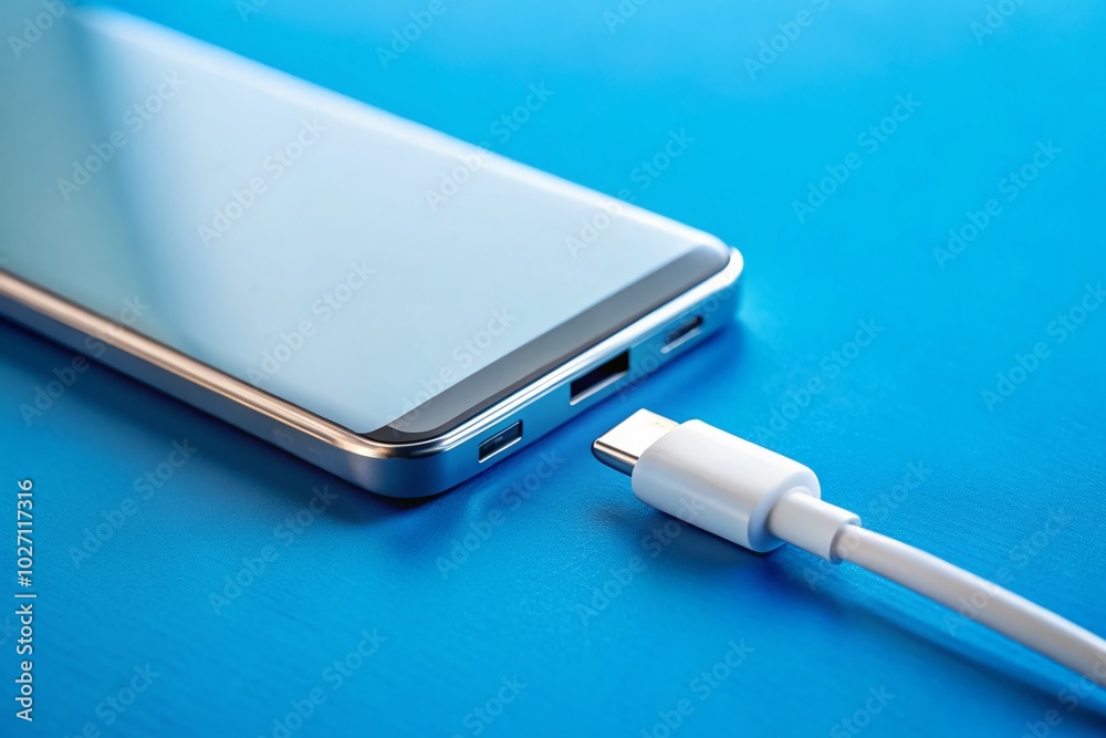 White USB-C Cable Stuck in Phone on Blue Background - Ideal for Tech and Accessories Imagery White USB-C Cable Stuck in Phone on Blue Background - Ideal for Tech and Accessories Imagery